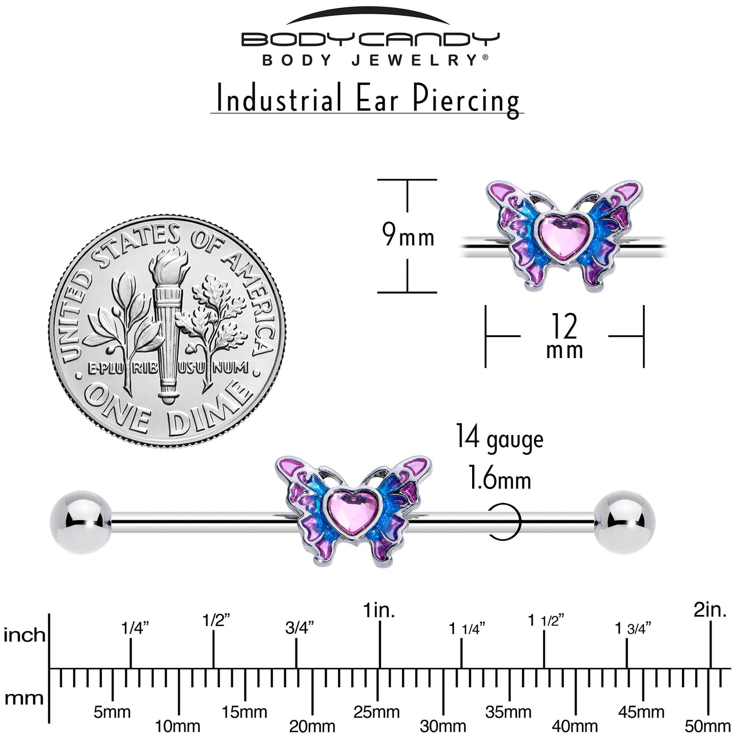 14G Pink Gem Heart Butterfly Purple Industrial Barbell 38mm