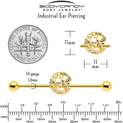 14G Clear Gem Gold Tone Lunar Dragonfly Industrial Barbell 38mm