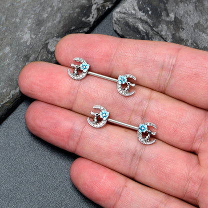 14G 9/16 Clear Gem Rabbit On Moon Flower Blue Nipple Ring Set