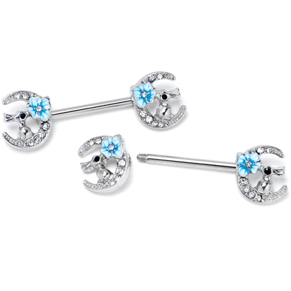 14G 9/16 Clear Gem Rabbit On Moon Flower Blue Nipple Ring Set