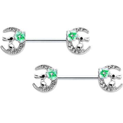14G 9/16 Clear Gem Rabbit On Moon Flower Green Nipple Ring Set