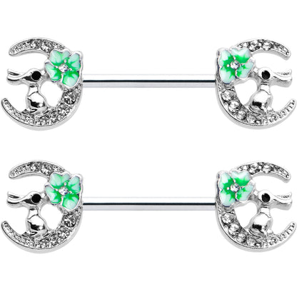 14G 9/16 Clear Gem Rabbit On Moon Flower Green Nipple Ring Set