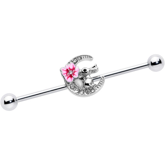 14G Clear Gem Rabbit On Moon Flower Pink Industrial Barbell 38mm