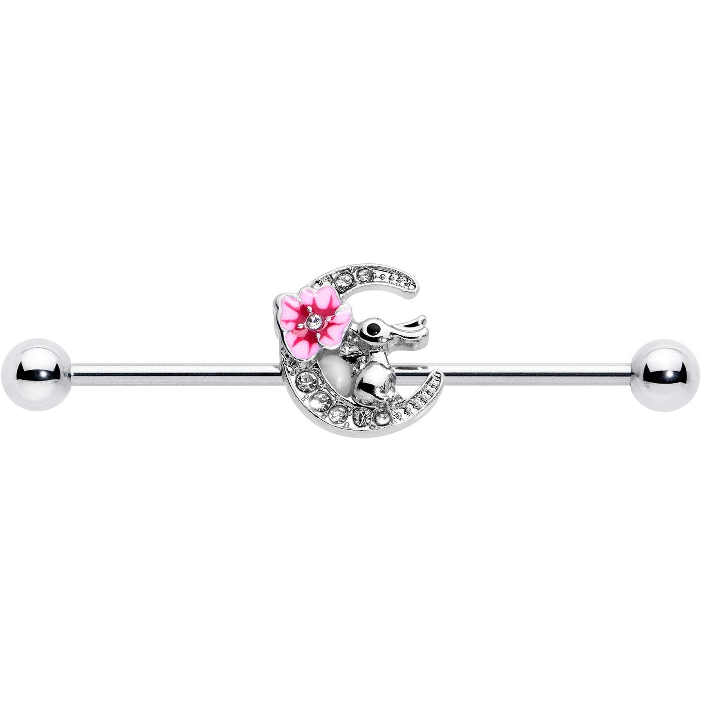 14G Clear Gem Rabbit On Moon Flower Pink Industrial Barbell 38mm