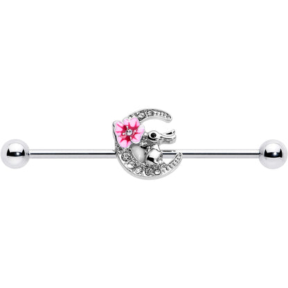 14G Clear Gem Rabbit On Moon Flower Pink Industrial Barbell 38mm