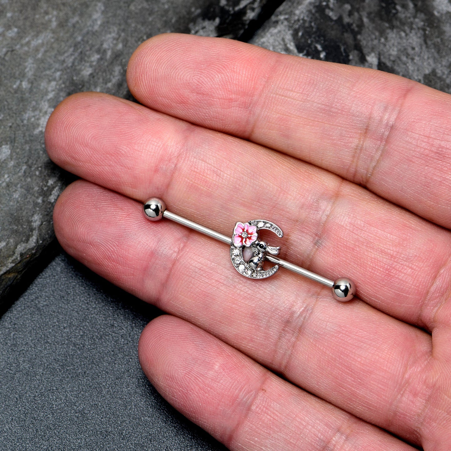 14G Clear Gem Rabbit On Moon Flower Pink Industrial Barbell 38mm