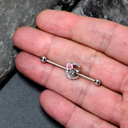 14G Clear Gem Rabbit On Moon Flower Pink Industrial Barbell 38mm