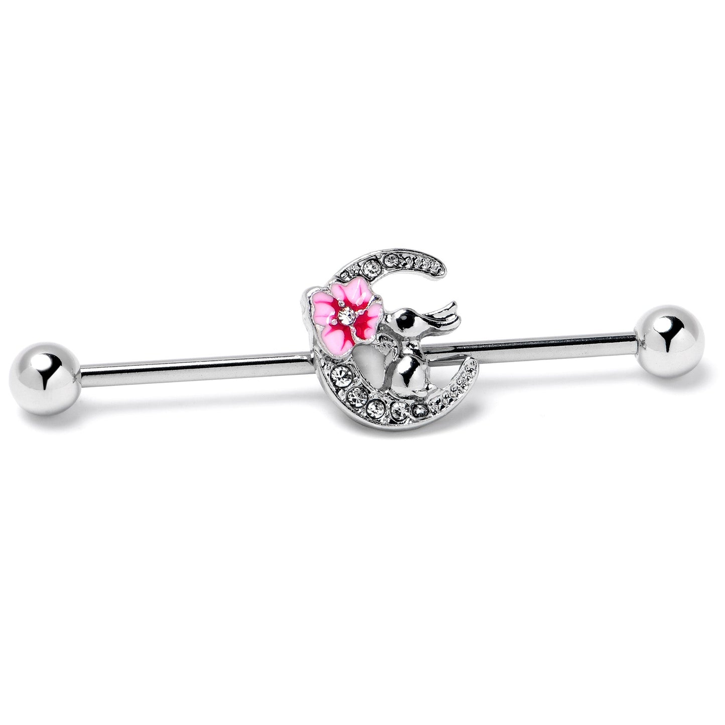 14G Clear Gem Rabbit On Moon Flower Pink Industrial Barbell 38mm
