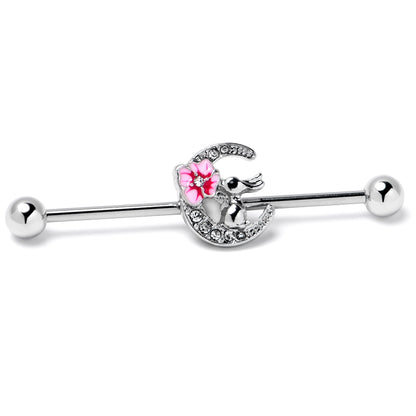 14G Clear Gem Rabbit On Moon Flower Pink Industrial Barbell 38mm
