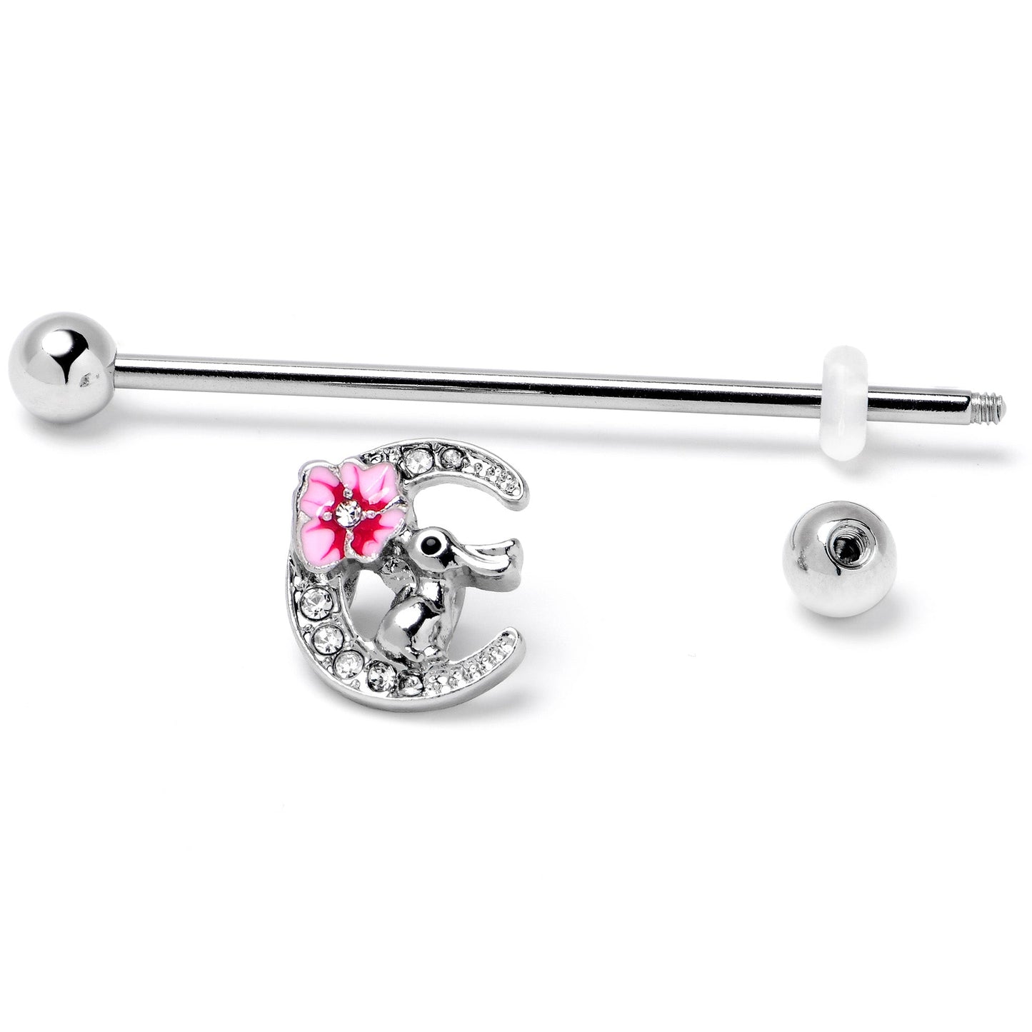14G Clear Gem Rabbit On Moon Flower Pink Industrial Barbell 38mm