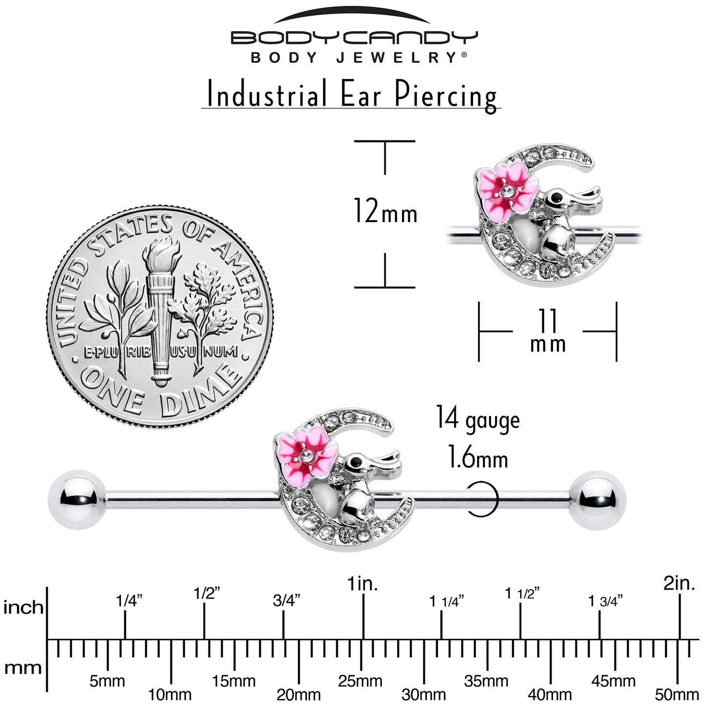 14G Clear Gem Rabbit On Moon Flower Pink Industrial Barbell 38mm