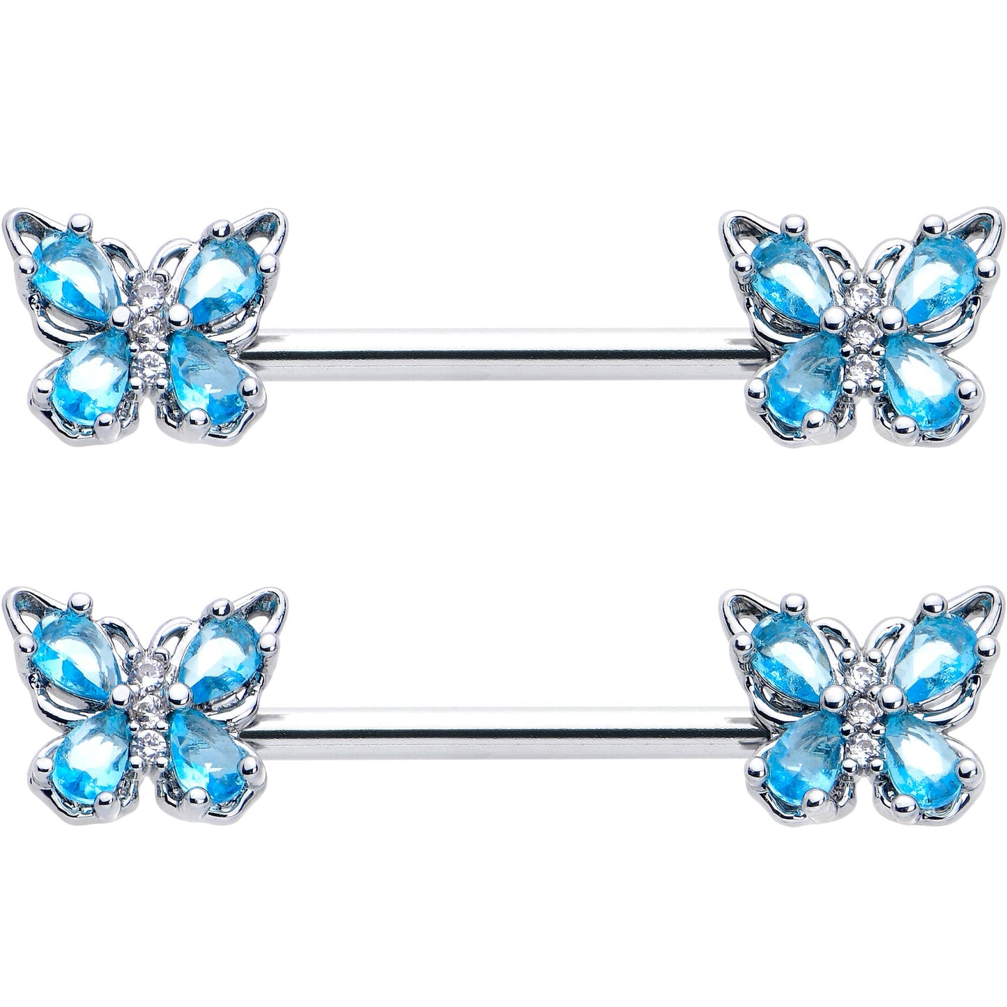 14G 9/16 Blue Gem Baroque Beauty Butterfly Barbell Nipple Ring Set