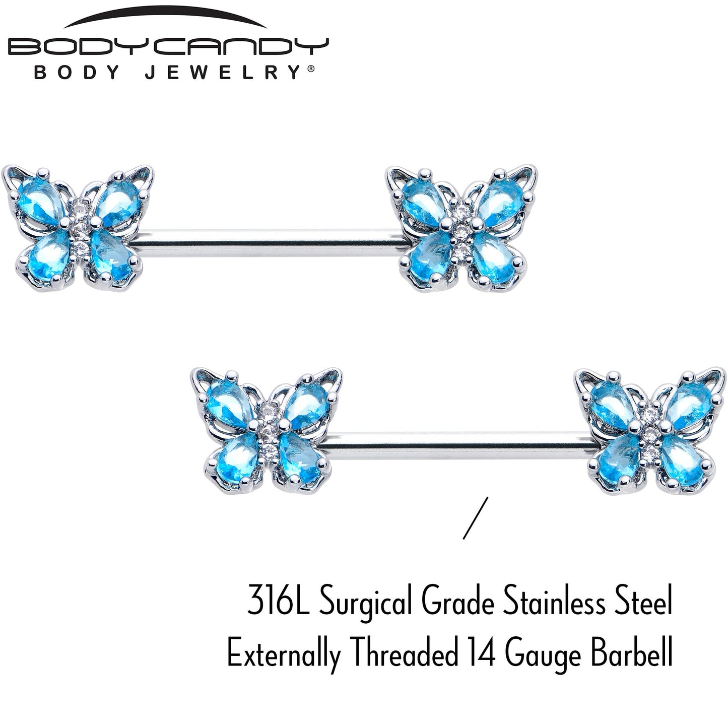 14G 9/16 Blue Gem Baroque Beauty Butterfly Barbell Nipple Ring Set
