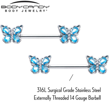 14G 9/16 Blue Gem Baroque Beauty Butterfly Barbell Nipple Ring Set
