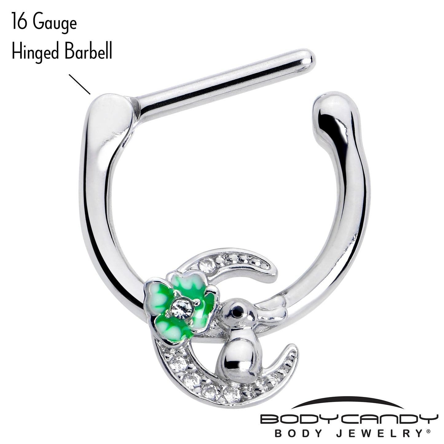 16G 5/16 Clear CZ Gem Rabbit On The Moon Green Cartilage Clicker