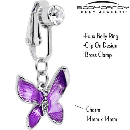 Clear Gem Chunky Butterfly Purple Clip On Fake Belly Ring