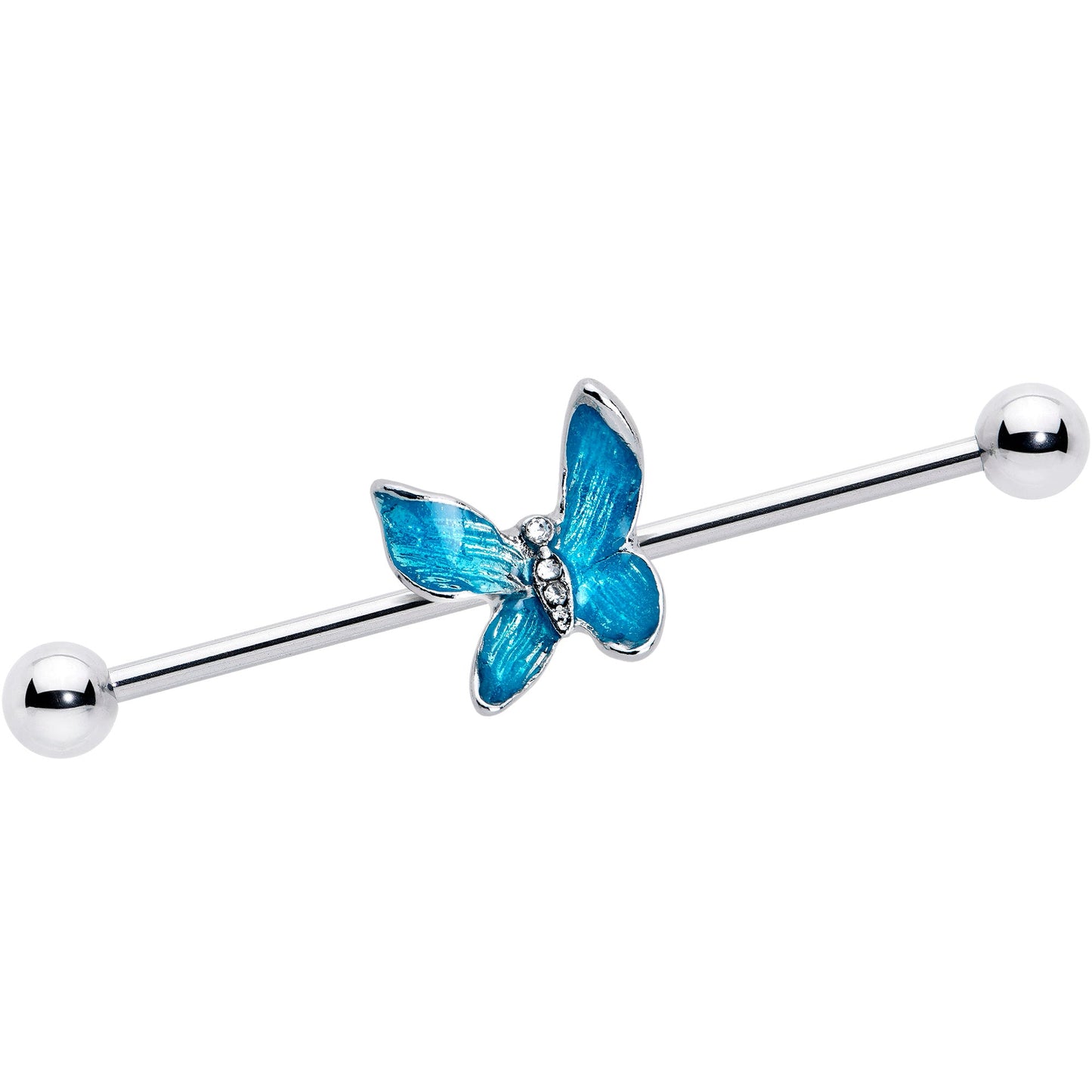 14G Clear Gem Chunky Butterfly Blue Industrial Barbell 38mm