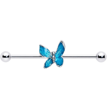 14G Clear Gem Chunky Butterfly Blue Industrial Barbell 38mm