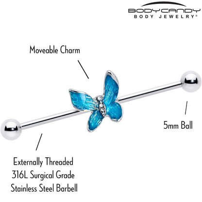 14G Clear Gem Chunky Butterfly Blue Industrial Barbell 38mm