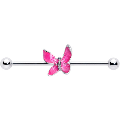 14G Clear Gem Chunky Butterfly Pink Industrial Barbell 38mm