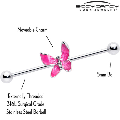 14G Clear Gem Chunky Butterfly Pink Industrial Barbell 38mm