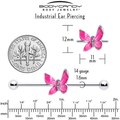 14G Clear Gem Chunky Butterfly Pink Industrial Barbell 38mm