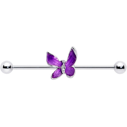 14G Clear Gem Chunky Butterfly Purple Industrial Barbell 38mm
