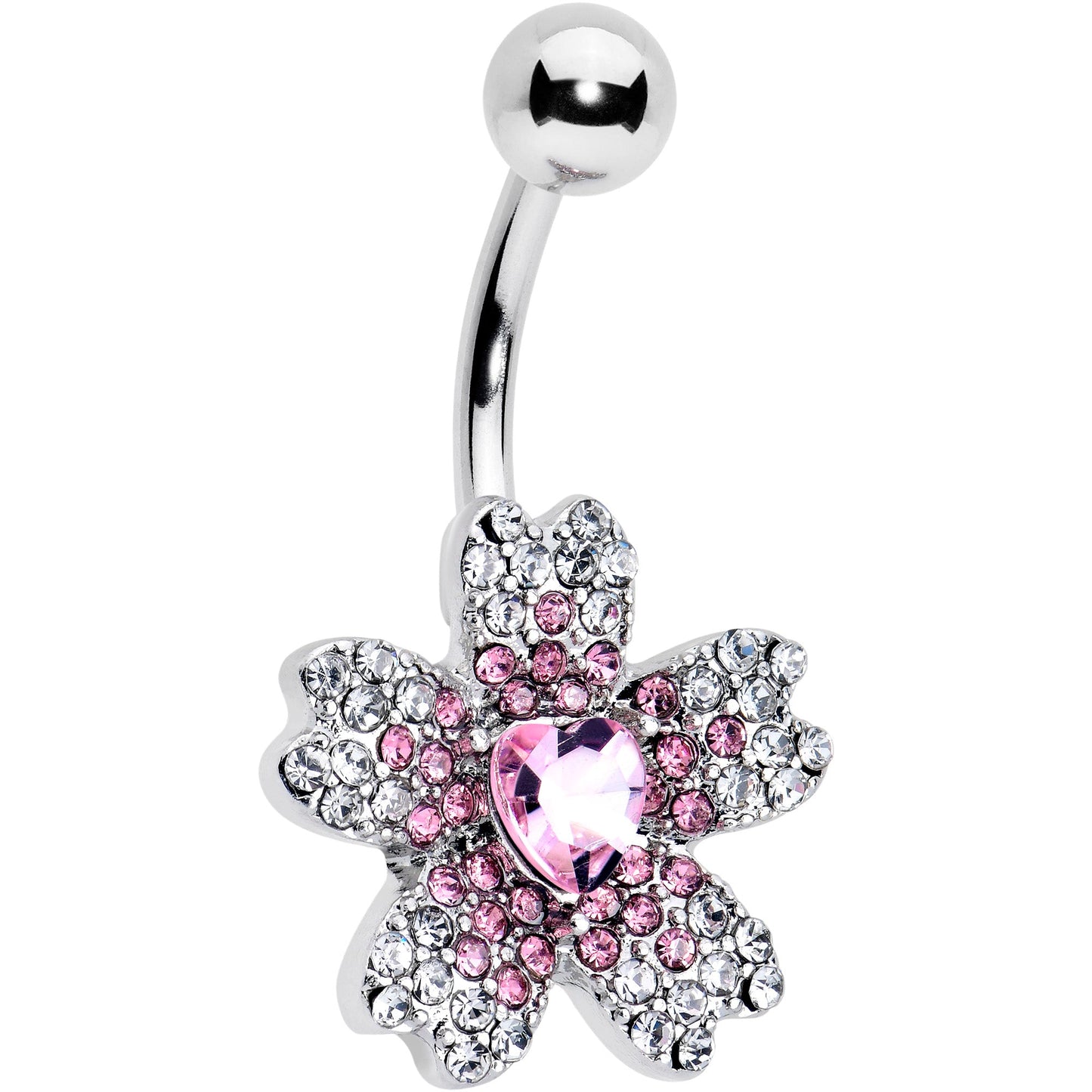 Clear Pink Gem Heart in Flower Belly Ring