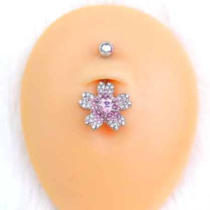 Clear Pink Gem Heart in Flower Belly Ring