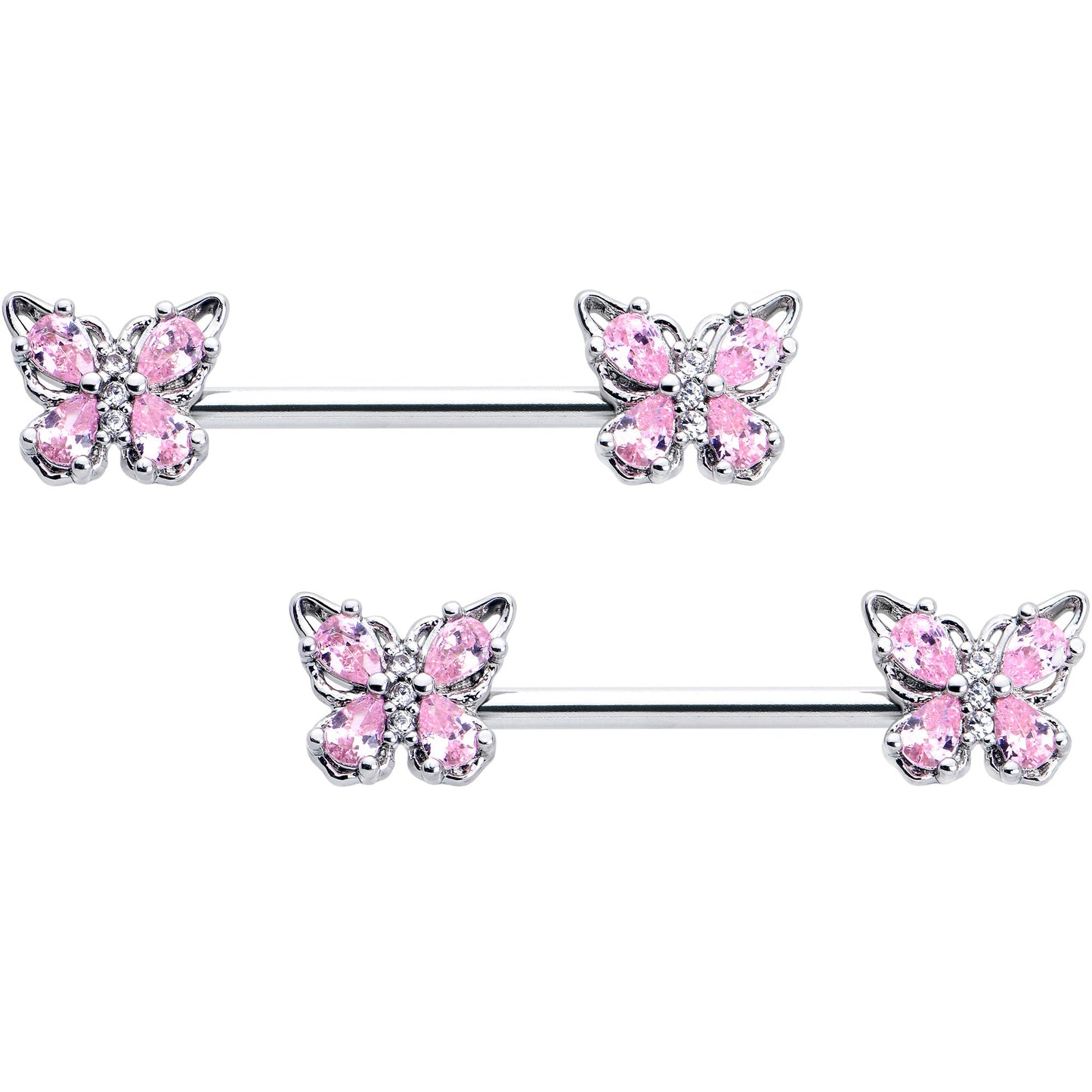 14G 9/16 Pink Gem Baroque Beauty Butterfly Barbell Nipple Ring Set