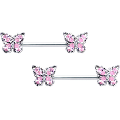 14G 9/16 Pink Gem Baroque Beauty Butterfly Barbell Nipple Ring Set
