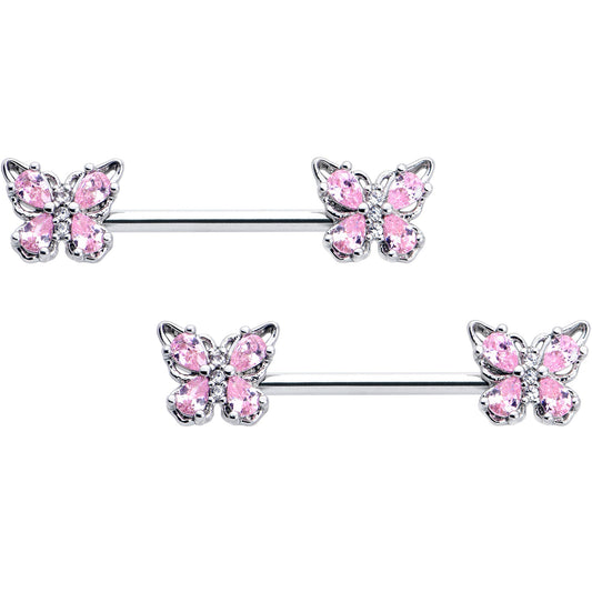 14G 9/16 Pink Gem Baroque Beauty Butterfly Barbell Nipple Ring Set