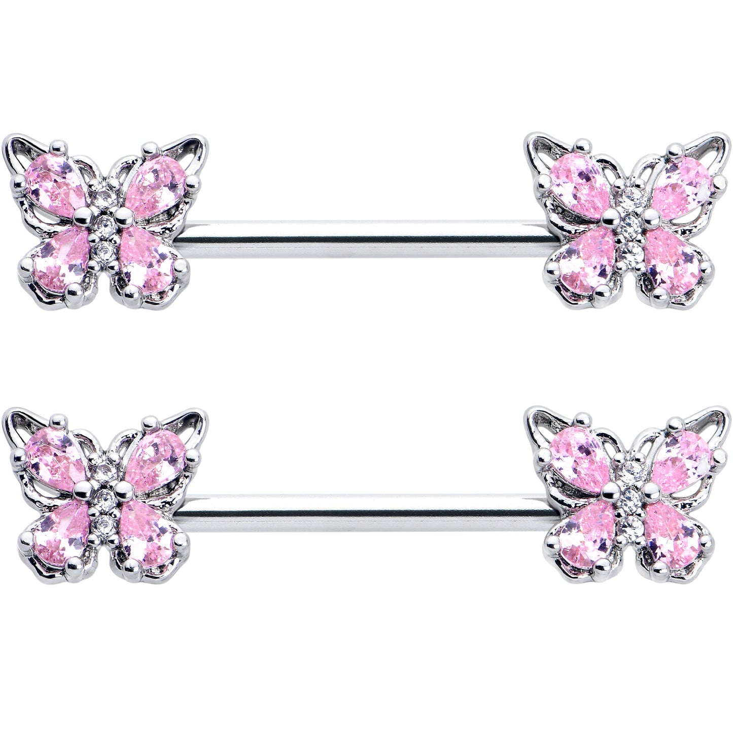 14G 9/16 Pink Gem Baroque Beauty Butterfly Barbell Nipple Ring Set