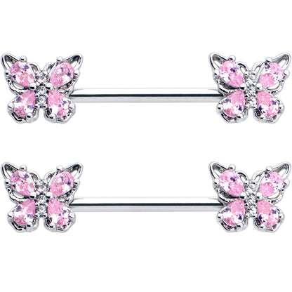 14G 9/16 Pink Gem Baroque Beauty Butterfly Barbell Nipple Ring Set