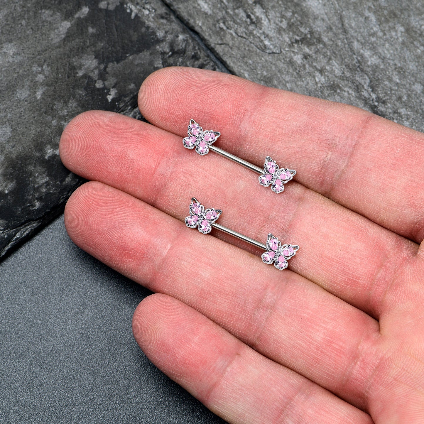 14G 9/16 Pink Gem Baroque Beauty Butterfly Barbell Nipple Ring Set