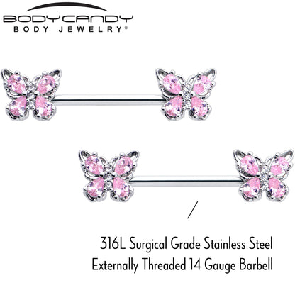 14G 9/16 Pink Gem Baroque Beauty Butterfly Barbell Nipple Ring Set