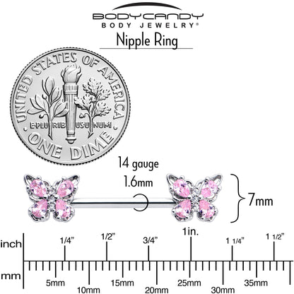 14G 9/16 Pink Gem Baroque Beauty Butterfly Barbell Nipple Ring Set