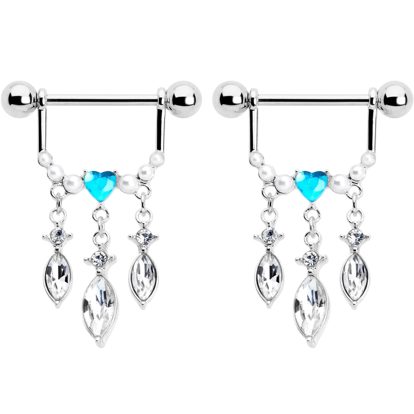 14G 9/16 Blue Gem Heart Triple Drop Dangle Nipple Ring Set