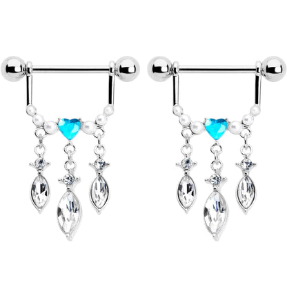 14G 9/16 Blue Gem Heart Triple Drop Dangle Nipple Ring Set
