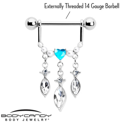 14G 9/16 Blue Gem Heart Triple Drop Dangle Nipple Ring Set