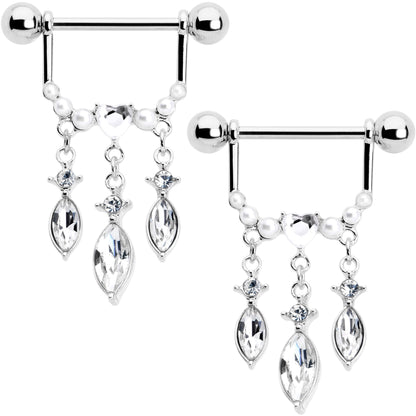 14G 9/16 Clear Gem Heart Triple Drop Dangle Nipple Ring Set