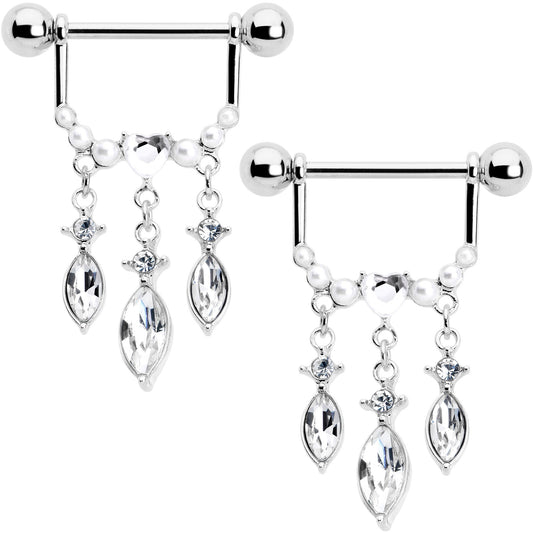14G 9/16 Clear Gem Heart Triple Drop Dangle Nipple Ring Set