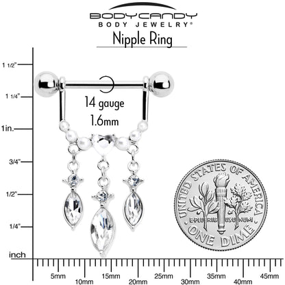 14G 9/16 Clear Gem Heart Triple Drop Dangle Nipple Ring Set
