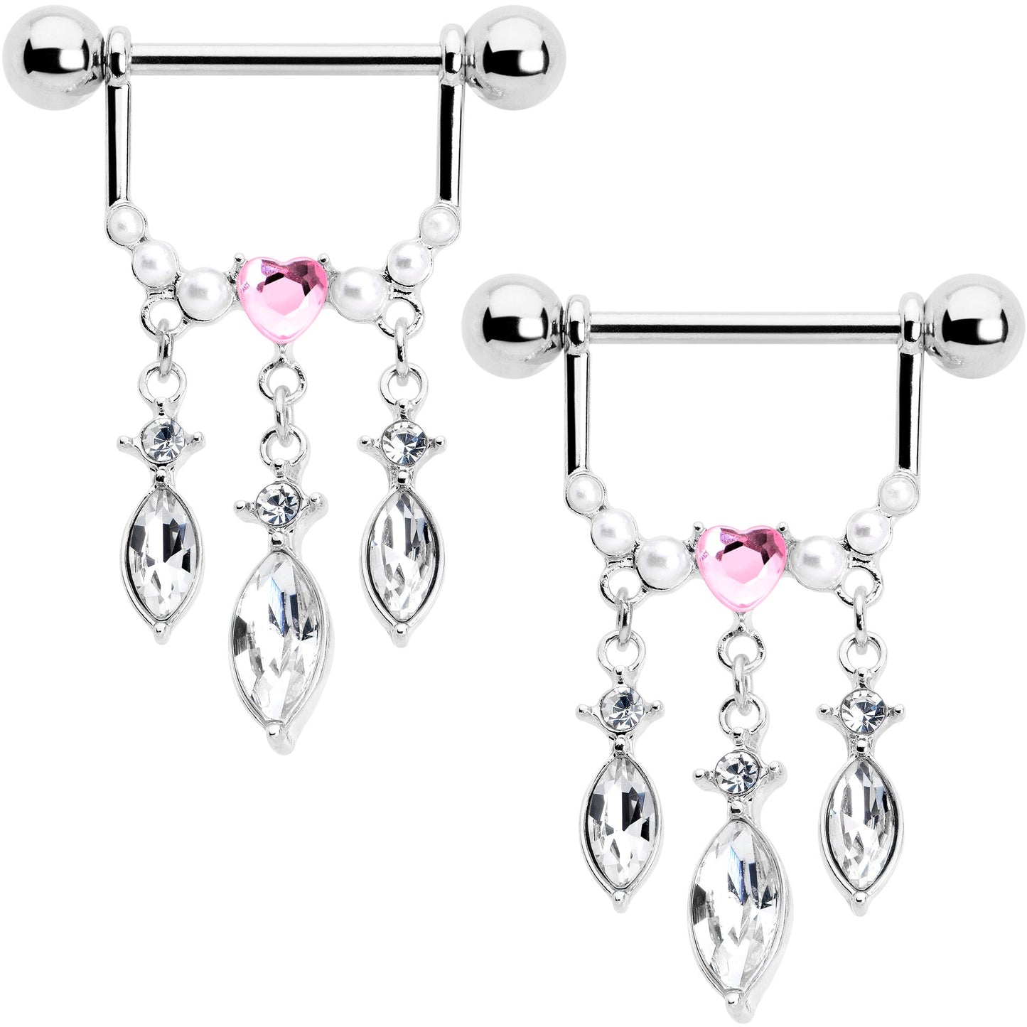 14G 9/16 Pink Gem Heart Triple Drop Dangle Nipple Ring Set