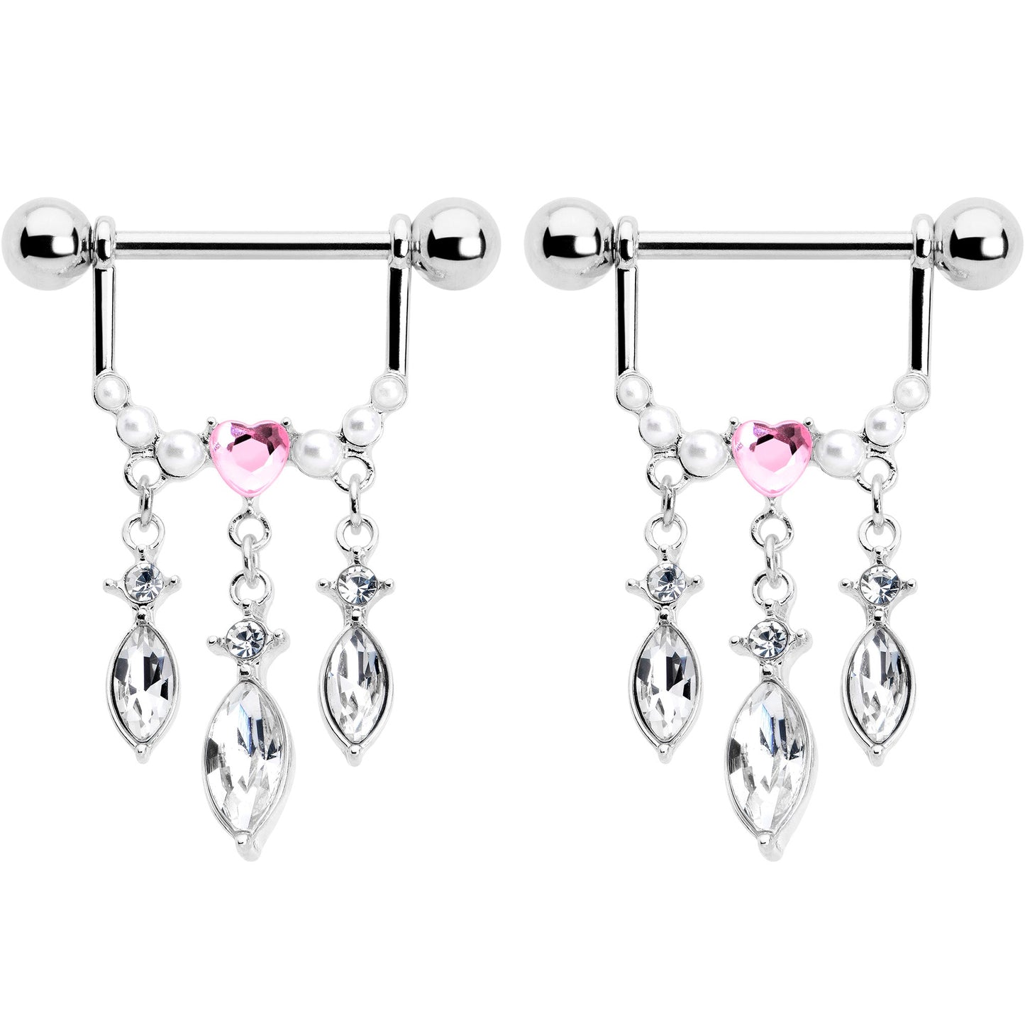 14G 9/16 Pink Gem Heart Triple Drop Dangle Nipple Ring Set