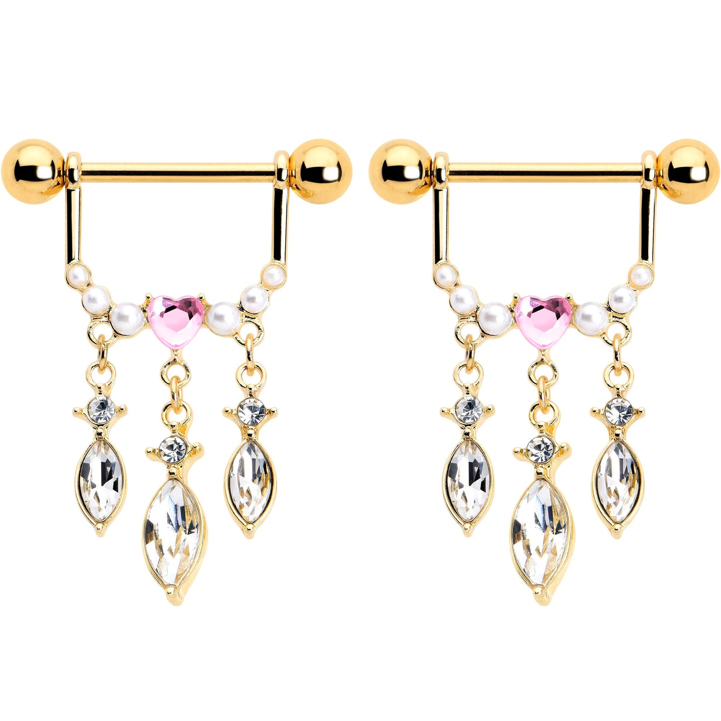 14G 9/16 Pink Gem Gold Tone Heart Triple Dangle Nipple Ring Set