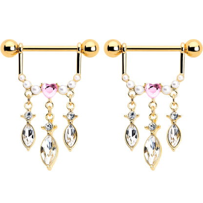 14G 9/16 Pink Gem Gold Tone Heart Triple Dangle Nipple Ring Set