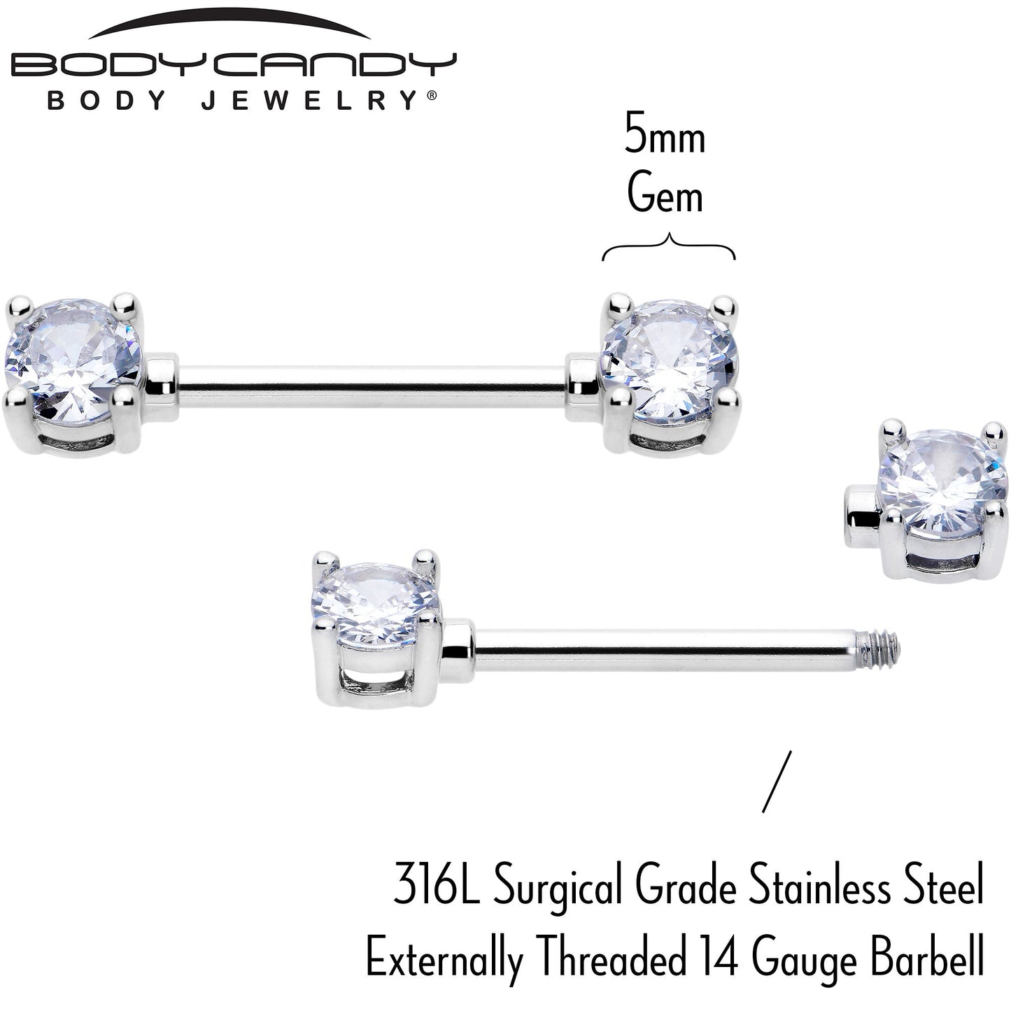14G 9/16 Clear CZ Gem Forward Facing April Birthstone Nipple Ring Set