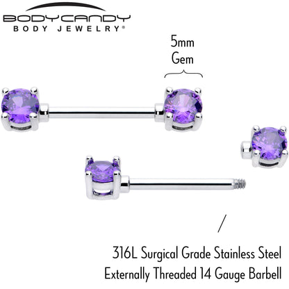 14G 9/16 Purple CZ Gem February Birthstone Nipple Ring Set