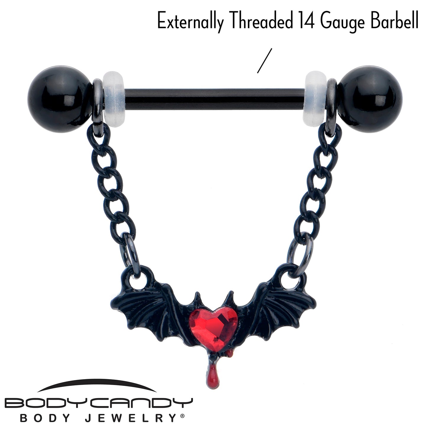 14G 9/16 Red Gem Black Bleeding Heart Bat Dangle Nipple Ring Set